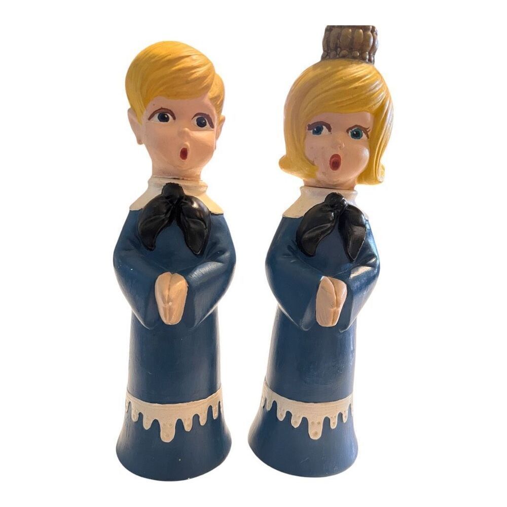 Vintage MCM Ceramic Carolers Boy And Girl Set Blue Outfit Kitchy Christmas Decor